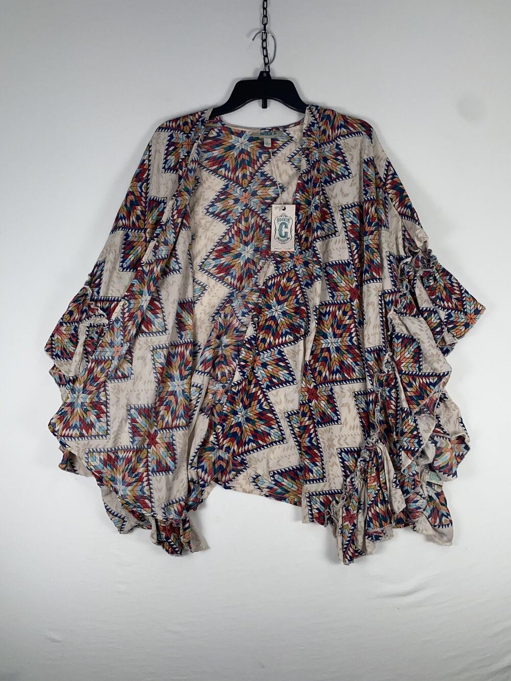 Rockin' C Blouse Womens Large Multicolor Geometric Ruffle Kimono Western Top